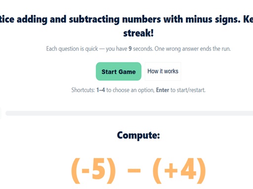 Maths Quiz with Negative Numbers - free online Browser game